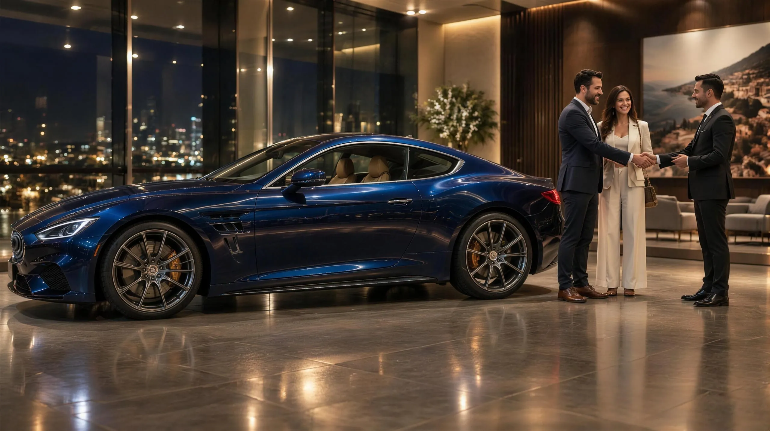 Ein Paar besiegelt im Autohaus mit Handschlag den Kauf eines eleganten dunkelblauen Sportwagens