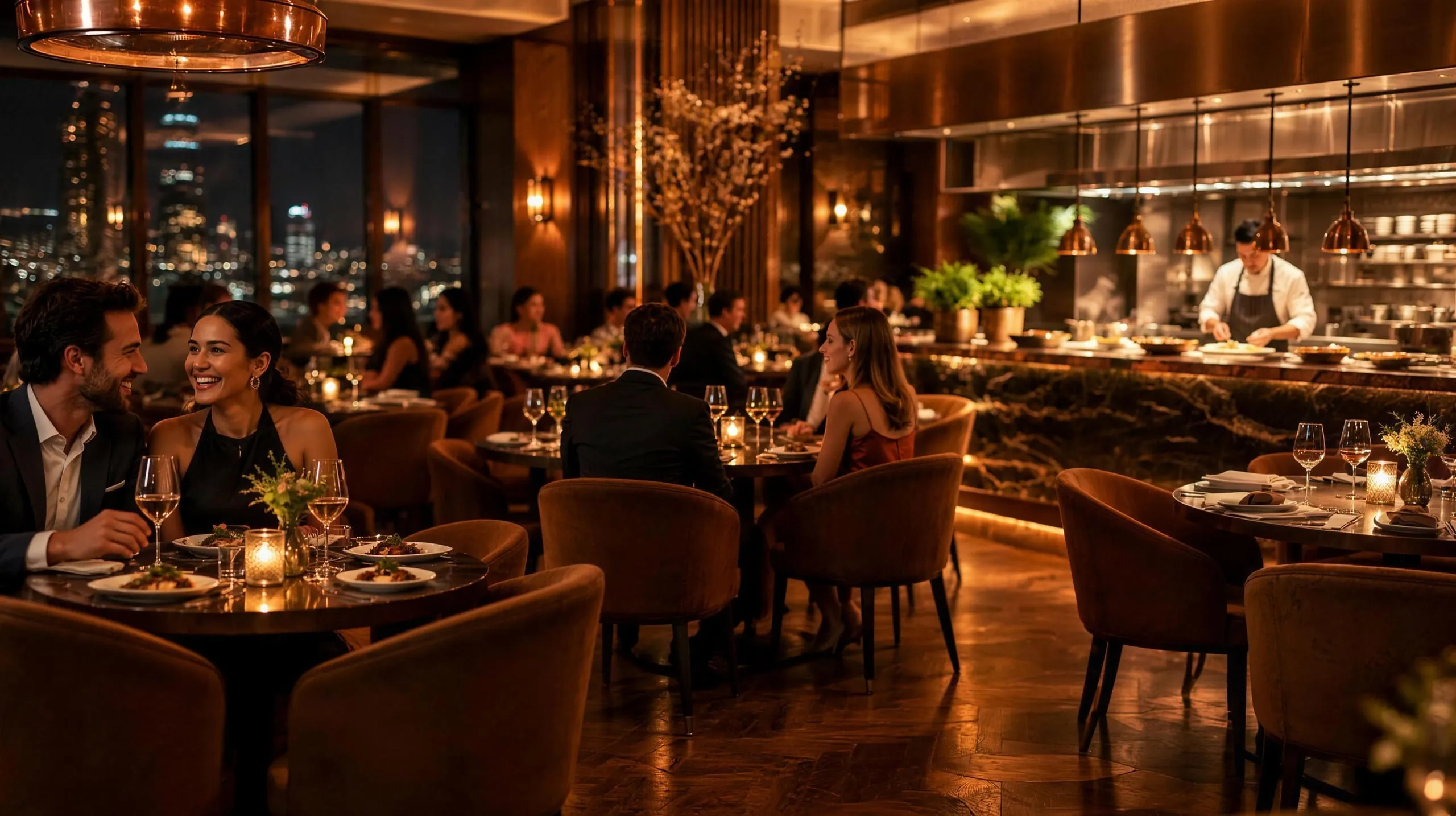 Ein Paar lacht an einem Tisch in einem eleganten Restaurant, dahinter weitere Gäste und die offene Küche